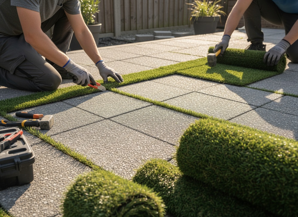 How to Install Artificial Grass Strips Between Pavers for Driveways & Patios